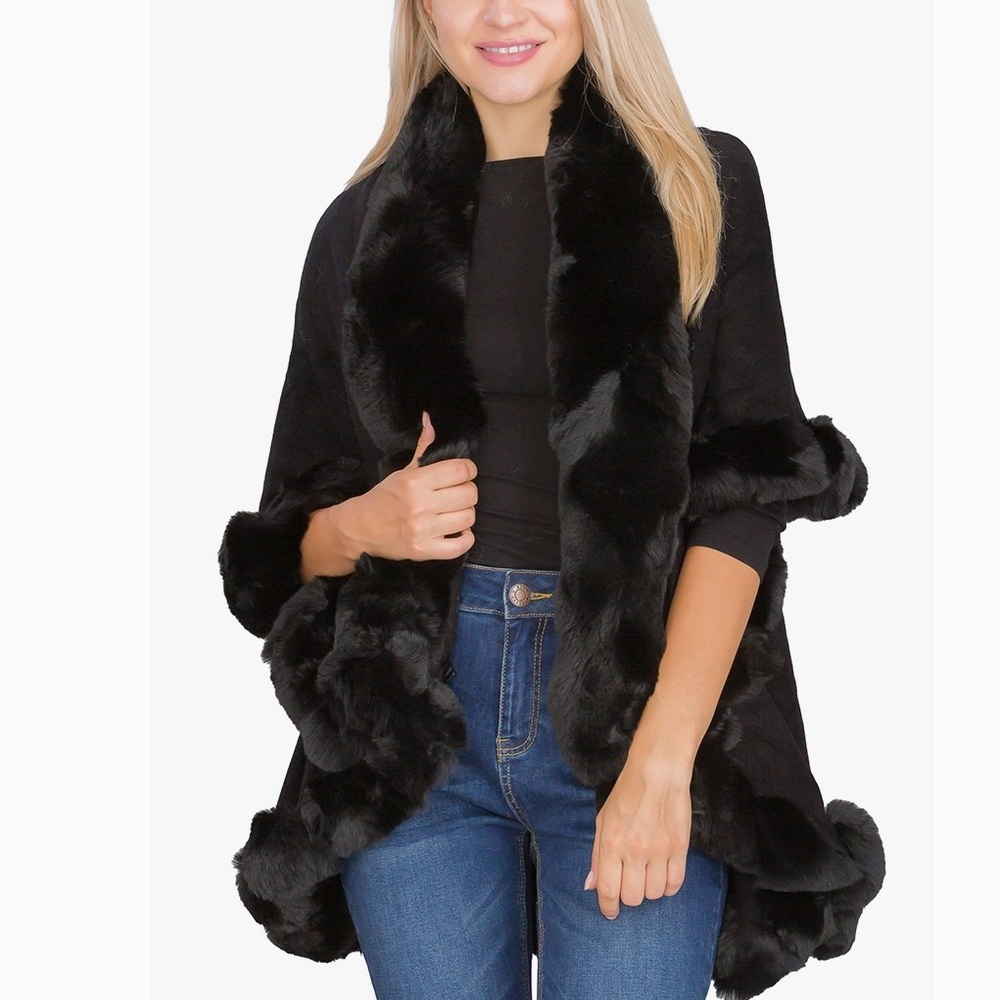 Nu Shuz Key West Luxury Black Double Faux Fur Collared Cape Coat - Picture 2 of 5